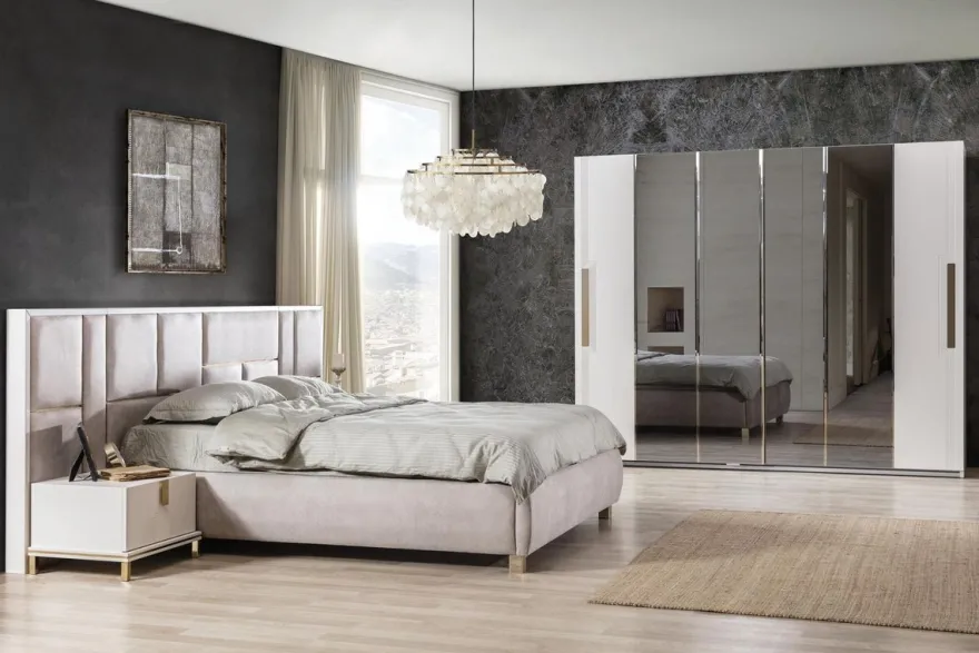 Casa Padrino Luxus Massivholz Schlafzimmer Set Grau / Weiß / Gold - 1 Doppelbett mit Kopfteil & 2 Nachttische - Luxus Schlafzimmer Möbel