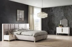 Casa Padrino Luxus Massivholz Schlafzimmer Set Grau / Weiß / Gold - 1 Doppelbett mit Kopfteil & 2 Nachttische - Luxus Schlafzimmer Möbel