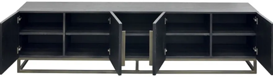 Casa Padrino Luxus Massivholz TV Schrank Schwarz / Messing 220 x 43 x H. 60 cm - Rustikales Eichenholz Wohnzimmer Sideboard mit 4 Türen - Rustikale Luxus Massivholz Wohnzimmer Möbel