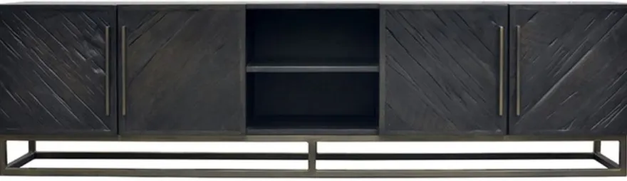 Casa Padrino Luxus Massivholz TV Schrank Schwarz / Messing 220 x 43 x H. 60 cm - Rustikales Eichenholz Wohnzimmer Sideboard mit 4 Türen - Rustikale Luxus Massivholz Wohnzimmer Möbel
