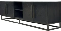 Casa Padrino Luxus Massivholz TV Schrank Schwarz / Messing 220 x 43 x H. 60 cm - Rustikales Eichenholz Wohnzimmer Sideboard mit 4 Türen - Rustikale Luxus Massivholz Wohnzimmer Möbel