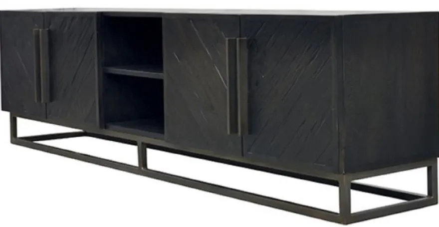 Casa Padrino Luxus Massivholz TV Schrank Schwarz / Messing 220 x 43 x H. 60 cm - Rustikales Eichenholz Wohnzimmer Sideboard mit 4 Türen - Rustikale Luxus Massivholz Wohnzimmer Möbel
