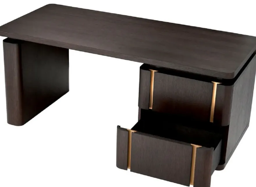 Casa Padrino Luxus Massivholz Schreibtisch Mokka / Messing 180 x 80 x H. 76 cm - Bürotisch - Computertisch - Büro Möbel - Luxus Möbel - Luxus Einrichtung - Büro Einrichtung - Luxus Qualität