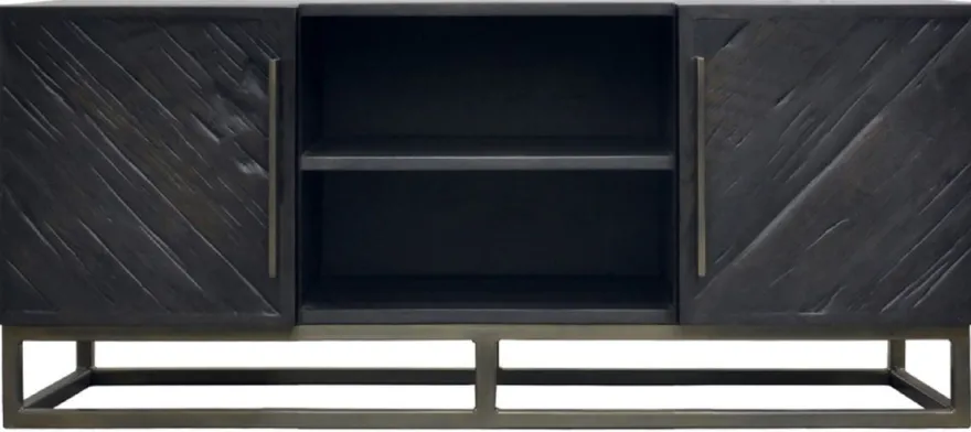 Casa Padrino Luxus Massivholz TV Schrank Schwarz / Messing 160 x 43 x H. 60 cm - Rustikales Eichenholz Wohnzimmer Sideboard mit 2 Türen - Rustikale Luxus Massivholz Wohnzimmer Möbel