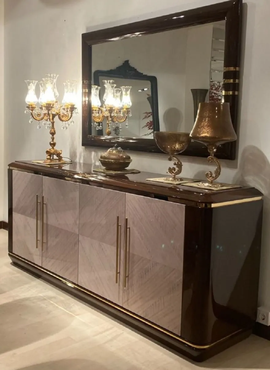 Casa Padrino Luxus Möbel Set Dunkelbraun / Grau / Gold - 1 Sideboard mit 4 Türen & 1 Wandspiegel - Luxus Hotel Möbel