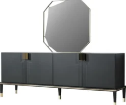 Casa Padrino Luxus Möbel Set Schwarz / Gold - 1 Sideboard mit 4 Türen & 1 Spiegel - Moderne Massivholz Möbel - Luxus Kollektion
