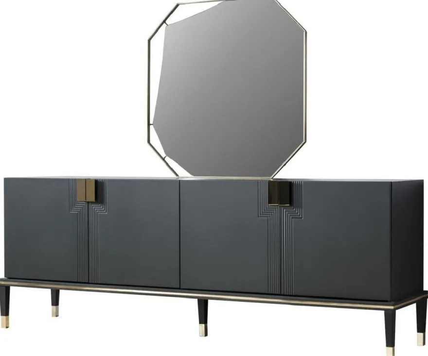 Casa Padrino Luxus Möbel Set Schwarz / Gold - 1 Sideboard mit 4 Türen & 1 Spiegel - Moderne Massivholz Möbel - Luxus Kollektion