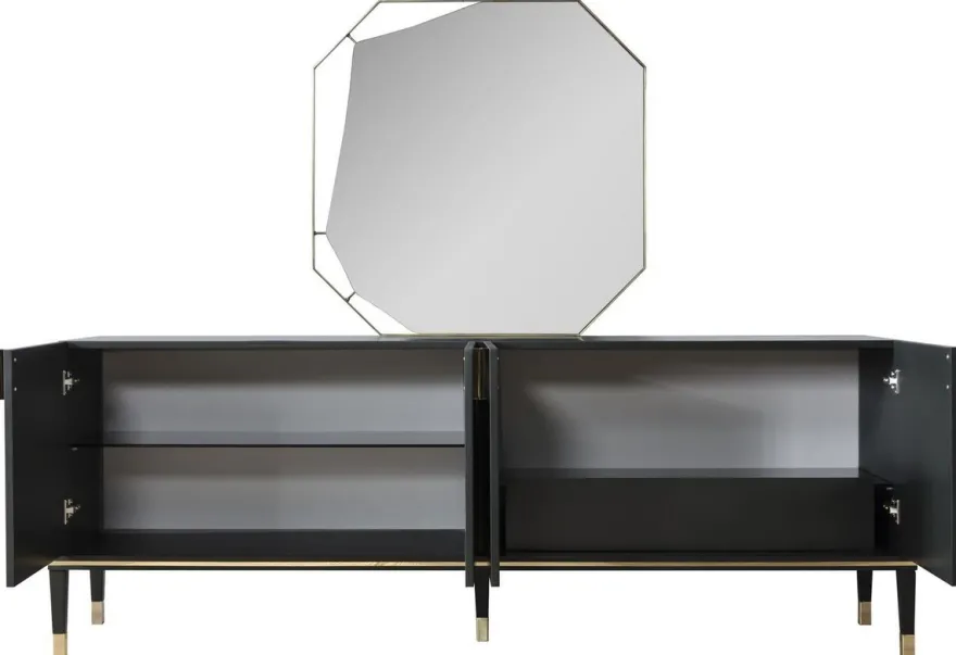 Casa Padrino Luxus Möbel Set Schwarz / Gold - 1 Sideboard mit 4 Türen & 1 Spiegel - Moderne Massivholz Möbel - Luxus Kollektion
