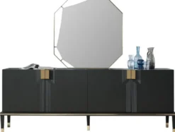 Casa Padrino Luxus Möbel Set Schwarz / Gold - 1 Sideboard mit 4 Türen & 1 Spiegel - Moderne Massivholz Möbel - Luxus Kollektion