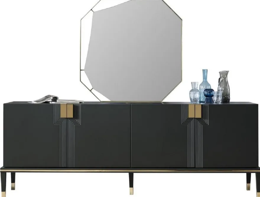 Casa Padrino Luxus Möbel Set Schwarz / Gold - 1 Sideboard mit 4 Türen & 1 Spiegel - Moderne Massivholz Möbel - Luxus Kollektion
