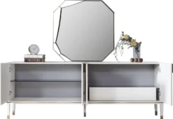 Casa Padrino Luxus Möbel Set Weiß / Gold - 1 Sideboard mit 4 Türen & 1 Spiegel - Moderne Massivholz Möbel - Luxus Kollektion