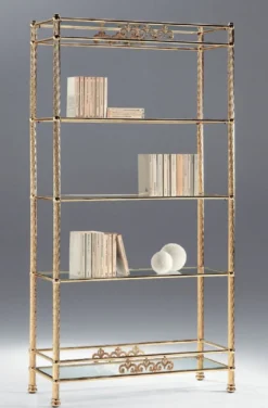 Casa Padrino Luxus Messing Regalschrank mit Glasregalen 90 x 36 x H. 170 cm - Bücherschrank - Wohnzimmer Schrank - Büro Schrank - Wohnzimmer Möbel - Büro Möbel - Luxus Qualität - Made in Italy