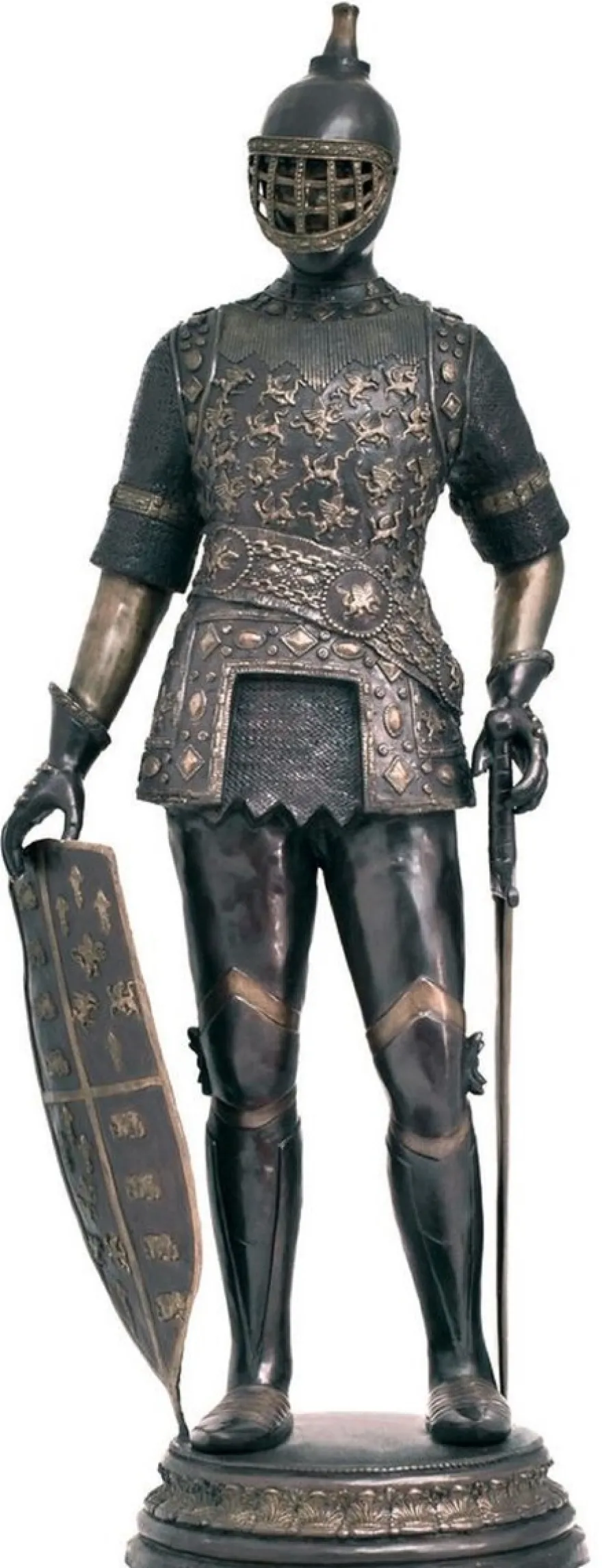 Casa Padrino Luxus Mittelalter Deko Bronze Skulptur Ritter mit Schwert und Schild 74 x 56 x H. 193 cm - Große Bronze Dekofigur - Mittelalter Deko Accessoires