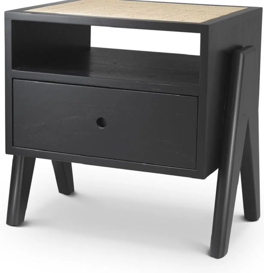 Casa Padrino Luxus Nachttisch Schwarz / Naturfarben 58 x 45 x H. 55,5 cm - Massivholz Beistelltisch mit Rattangeflecht - Luxus Schlafzimmer Möbel