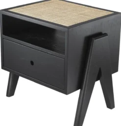 Casa Padrino Luxus Nachttisch Schwarz / Naturfarben 58 x 45 x H. 55,5 cm - Massivholz Beistelltisch mit Rattangeflecht - Luxus Schlafzimmer Möbel