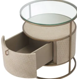 Casa Padrino Luxus Nachttisch Beige / Messingfarben Ø 50 x H. 56 cm - Runder Beistelltisch mit Schublade und Glasplatte - Luxus Schlafzimmermöbel