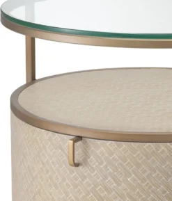 Casa Padrino Luxus Nachttisch Beige / Messingfarben Ø 50 x H. 56 cm - Runder Beistelltisch mit Schublade und Glasplatte - Luxus Schlafzimmermöbel