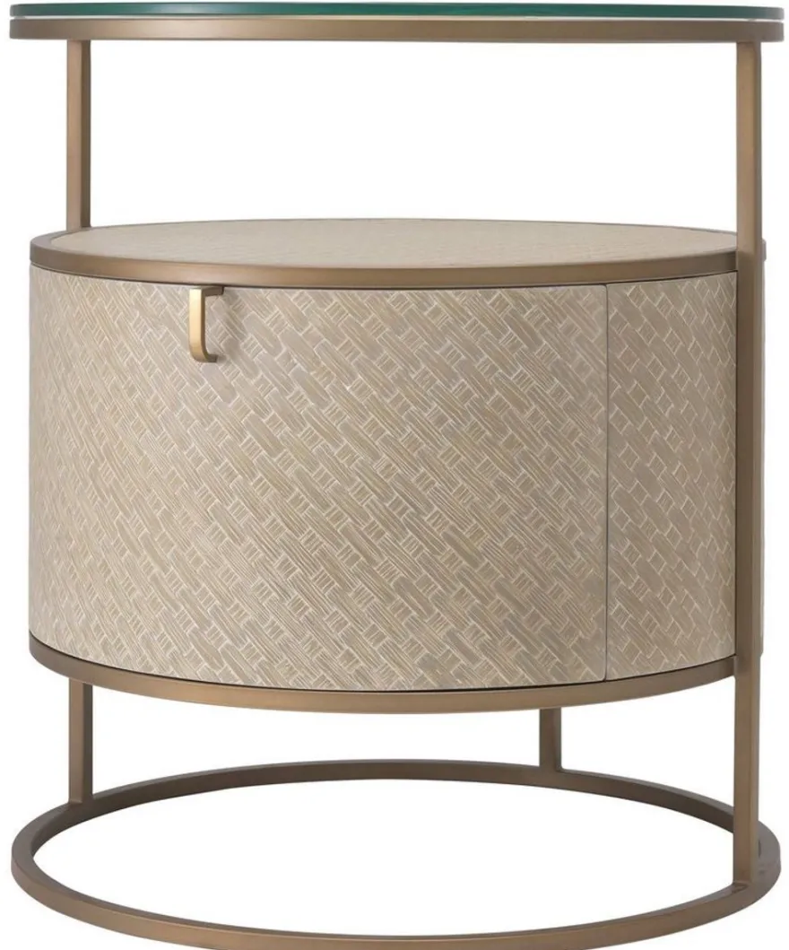 Casa Padrino Luxus Nachttisch Beige / Messingfarben Ø 50 x H. 56 cm - Runder Beistelltisch mit Schublade und Glasplatte - Luxus Schlafzimmermöbel