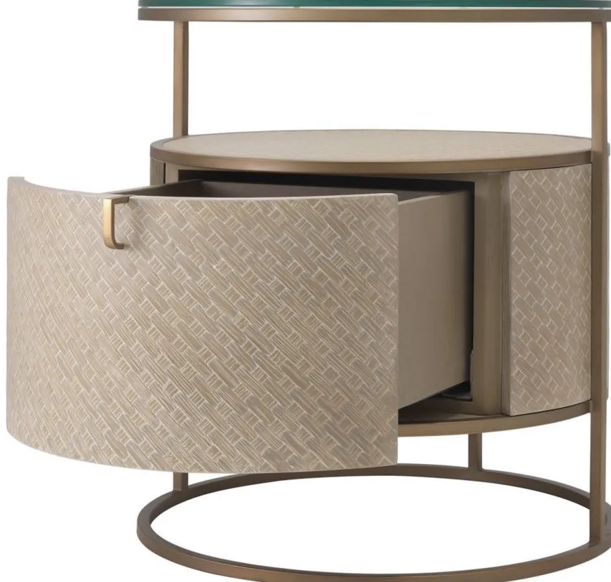 Casa Padrino Luxus Nachttisch Beige / Messingfarben Ø 50 x H. 56 cm - Runder Beistelltisch mit Schublade und Glasplatte - Luxus Schlafzimmermöbel