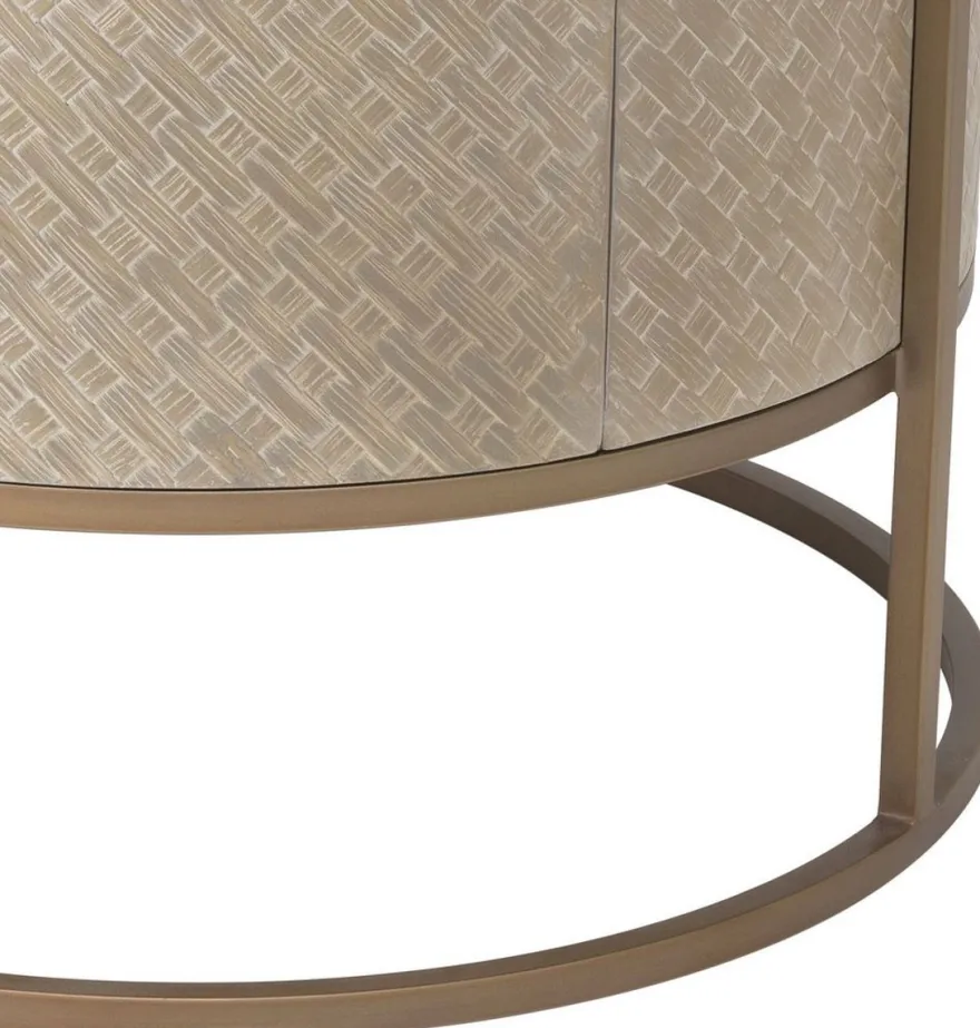 Casa Padrino Luxus Nachttisch Beige / Messingfarben Ø 50 x H. 56 cm - Runder Beistelltisch mit Schublade und Glasplatte - Luxus Schlafzimmermöbel
