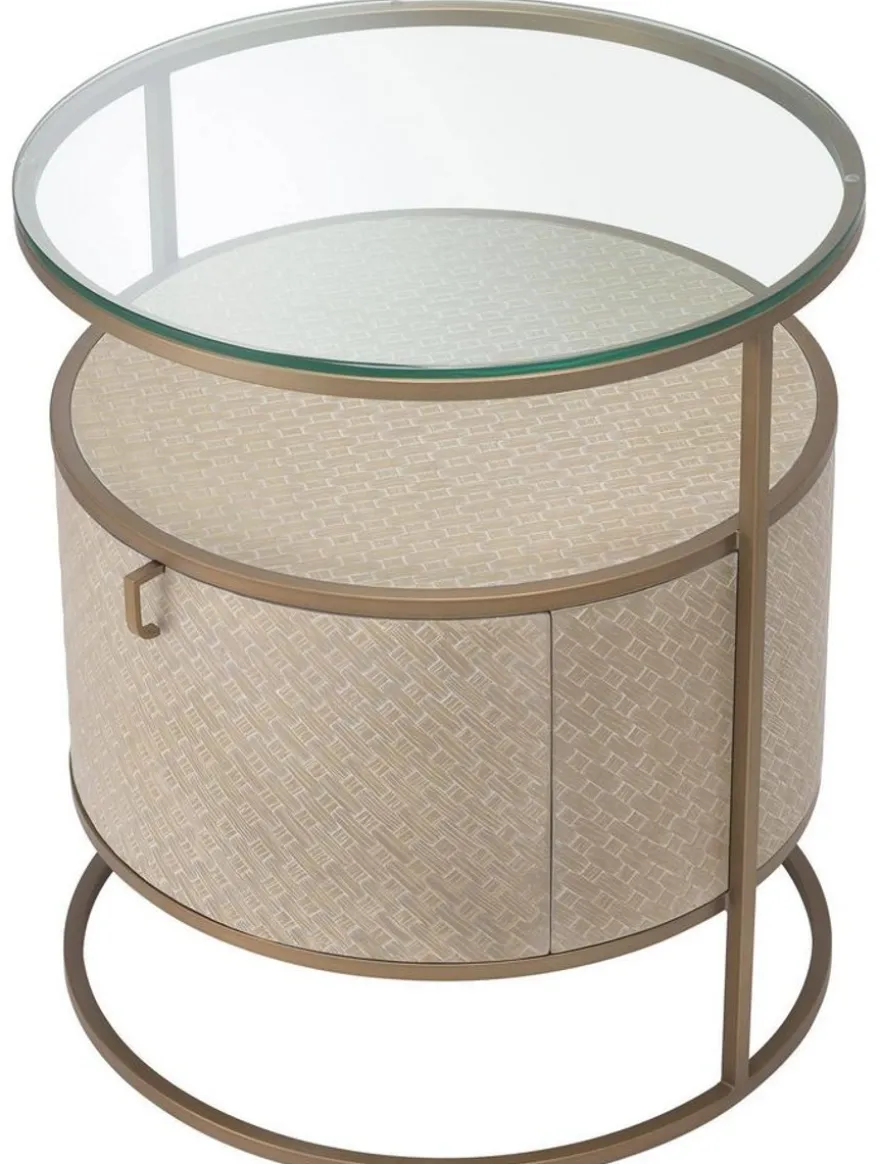 Casa Padrino Luxus Nachttisch Beige / Messingfarben Ø 50 x H. 56 cm - Runder Beistelltisch mit Schublade und Glasplatte - Luxus Schlafzimmermöbel