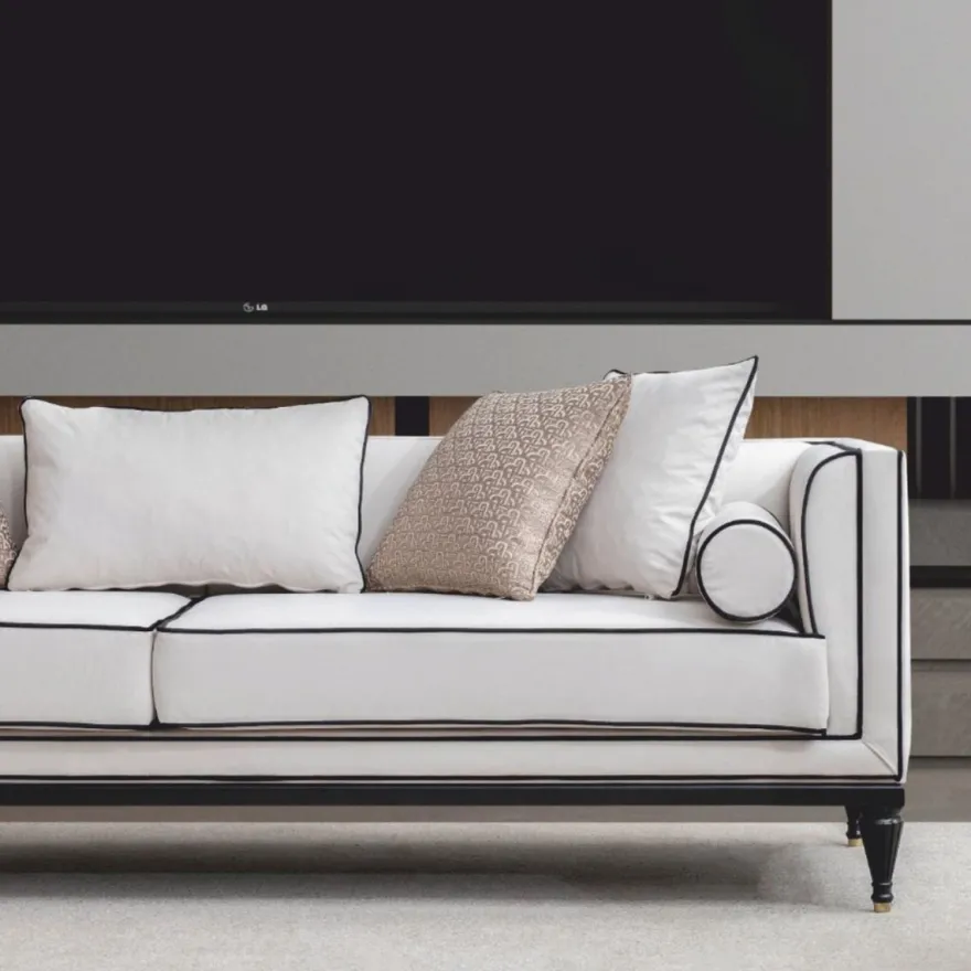 Casa Padrino Luxus Neoklassik Sofa Weiß / Schwarz / Messing 220 cm - Hotel Möbel