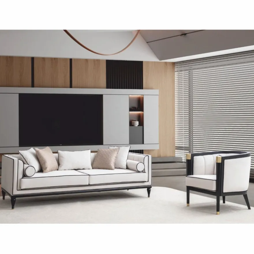 Casa Padrino Luxus Neoklassik Sofa Weiß / Schwarz / Messing 220 cm - Hotel Möbel