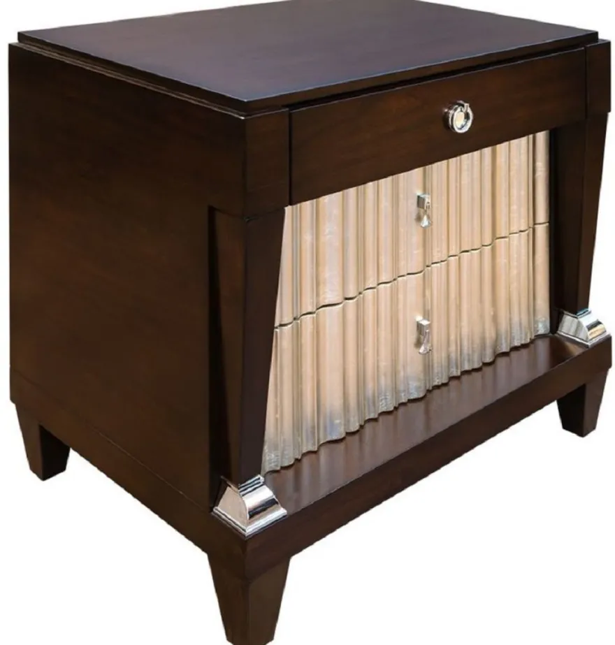 Casa Padrino Luxus Neoklassisches Schlafzimmer Set Hellbeige / Dunkelbraun / Silber - 1 Doppelbett mit Kopfteil & 2 Nachtkommoden - Neoklassische Schlafzimmer Möbel