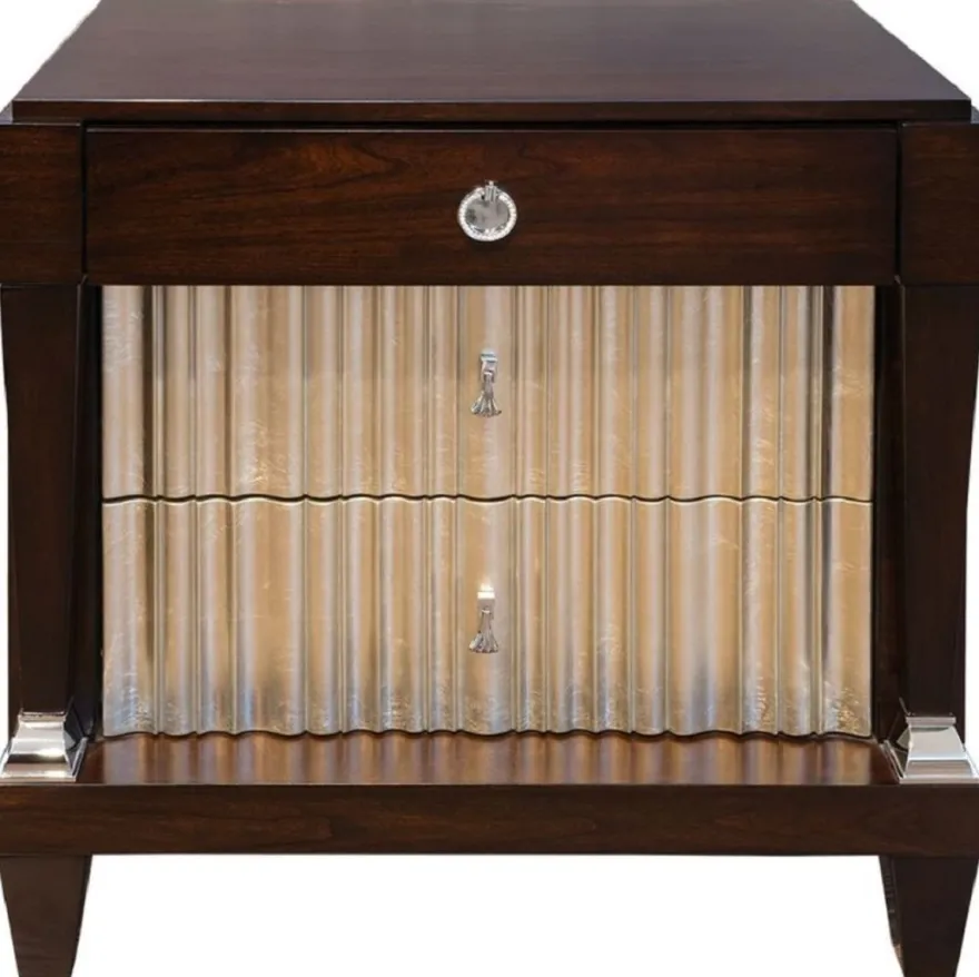 Casa Padrino Luxus Neoklassisches Schlafzimmer Set Hellbeige / Dunkelbraun / Silber - 1 Doppelbett mit Kopfteil & 2 Nachtkommoden - Neoklassische Schlafzimmer Möbel