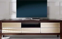 Casa Padrino Luxus Neoklassik Fernsehschrank Braun 200 x 45 x H. 61 cm - TV Schrank mit 5 verspiegelten Schubladen - Luxus Wohnzimmer Möbel
