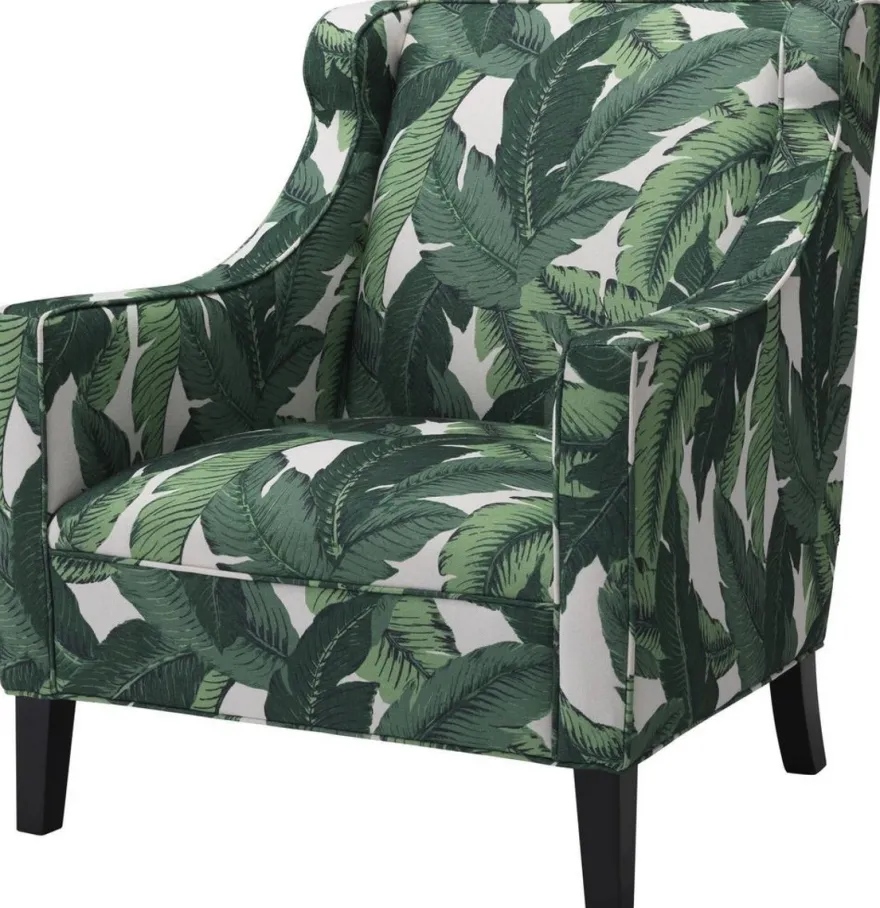 Casa Padrino Luxus Ohrensessel Grün / Weiß / Schwarz 74 x 81 x H. 89 cm - Wohnzimmer Sessel mit Palmenblätter Muster - Wohnzimmer Möbel