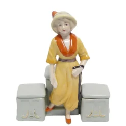 Casa Padrino Luxus Porzellan Doppel Senftopf Dame im Gelben Kleid Gelb / Grau / Orange 13,5 x 8 x H. 15,5 cm - Art Deco Tischdeko - Gewürzbehälter