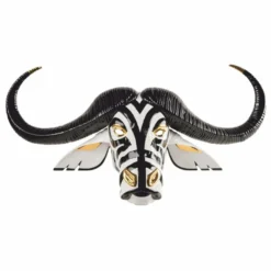 Casa Padrino Luxus Porzellan Deko Maske Büffel Weiß / Schwarz / Gold 67 x 22 x H. 36 cm