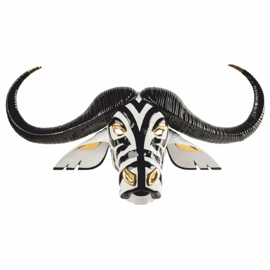 Casa Padrino Luxus Porzellan Deko Maske Büffel Weiß / Schwarz / Gold 67 x 22 x H. 36 cm