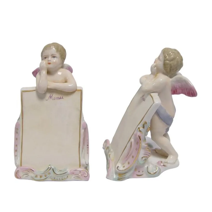 Casa Padrino Luxus Porzellan Menükartenhalter 2er Set Putten Weiß / Rosa / Gold 10 x H. 15,5 cm - Tischkartenhalter - Barock Tischdeko