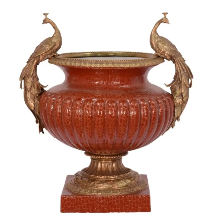 Casa Padrino Luxus Porzellan Vase im Barock Stil mit 2 Griffen in Rot und Bronze, Höhe 48,8 cm
