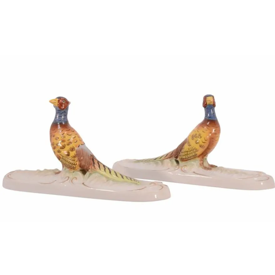 Casa Padrino Luxus Porzellan Briefbeschwerer 2er Set Fasane Weiß / Bunt / Gold 5,8 x 20,5 x H. 10,2 cm - Tierfiguren - Schreibtisch Deko