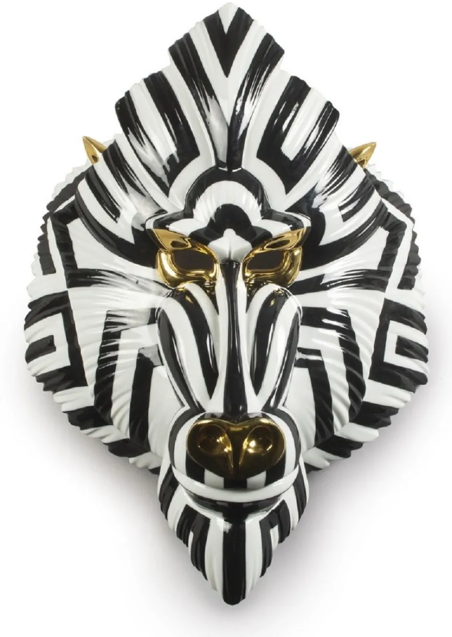 Casa Padrino Luxus Porzellan Deko Maske Pavian Affe Schwarz / Weiß / Gold 31 x 14 x H. 44 cm - Moderne handgefertigte Wanddeko - Erstklassische Qualität - Made in Spain