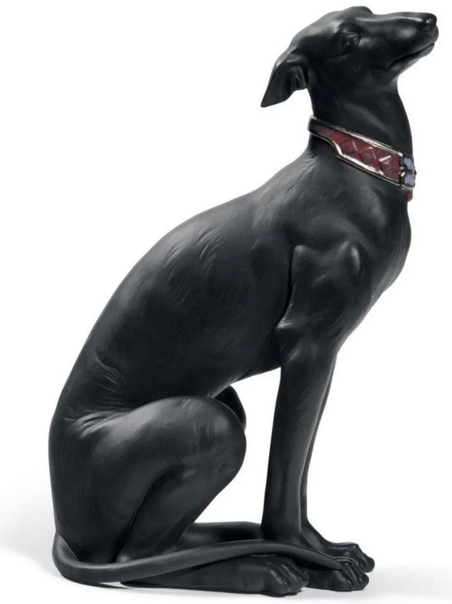 Casa Padrino Luxus Porzellan Skulptur Windhund Schwarz 11 x H. 30 cm - Handgefertigte & Handbemalte Luxus Deko Figur