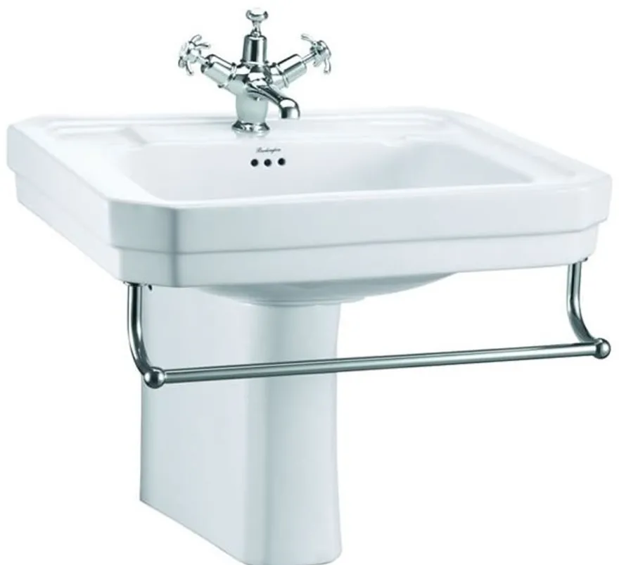 Casa Padrino Luxus Porzellan Waschbecken mit halbem Sockel und Handtuchhalter, weiß / silber, 61 x 51 x H. 50 cm