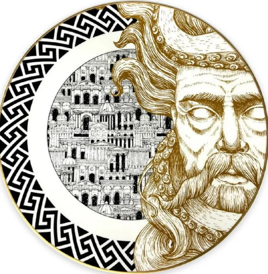Casa Padrino Luxus Porzellan Teller Gott (rechte Seite) Weiß / Schwarz / Gold Ø 29 cm - Handbemalter Porzellan Essteller - Luxus Qualität - Made in Italy