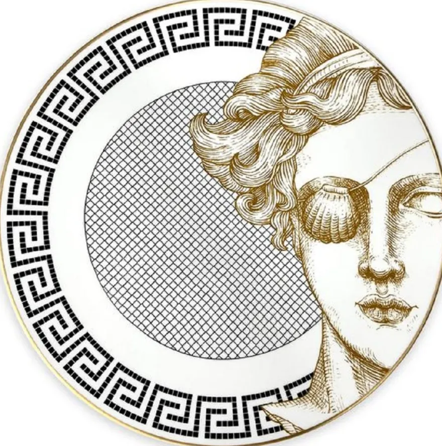 Casa Padrino Luxus Porzellan Teller Frau mit Augenklappe Weiß / Schwarz / Gold Ø 29 cm - Handbemalter Porzellan Essteller - Luxus Qualität - Made in Italy
