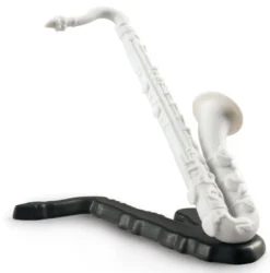 Casa Padrino Luxus Porzellan Saxophon Skulptur Weiß / Schwarz 13 x H. 7 cm - Dekorative Musikinstrument Figur für das Wohnzimmer