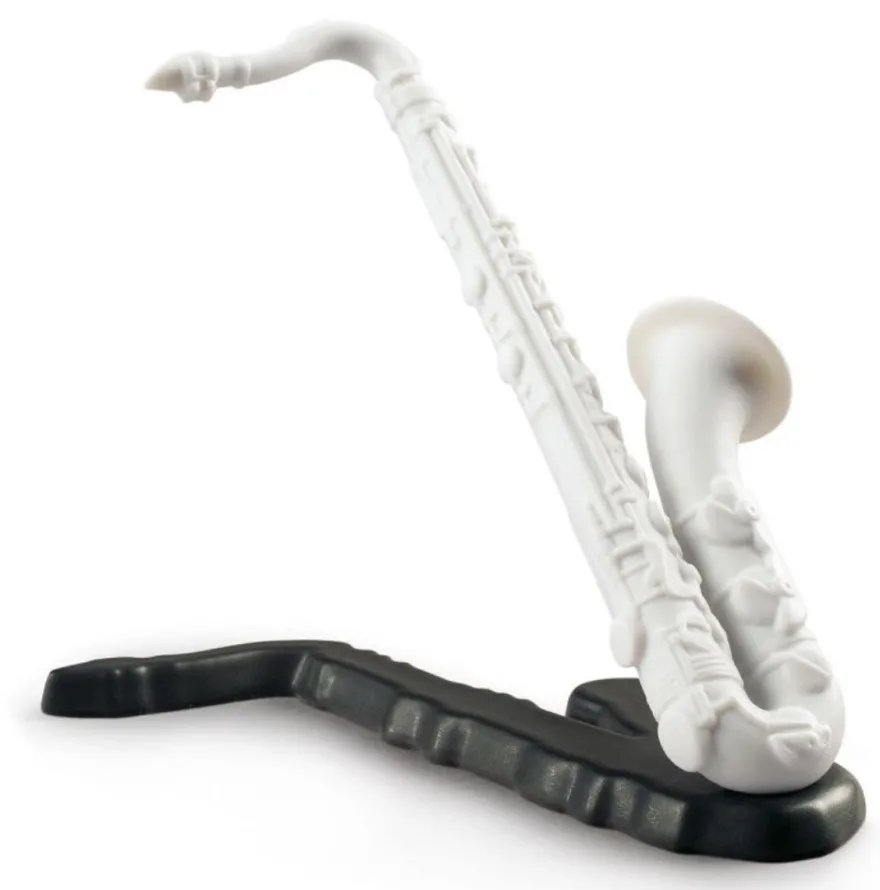 Casa Padrino Luxus Porzellan Saxophon Skulptur Weiß / Schwarz 13 x H. 7 cm - Dekorative Musikinstrument Figur für das Wohnzimmer