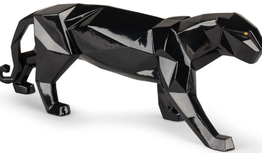 Casa Padrino Luxus Porzellan Panther Skulptur Schwarz glasiert 50 x 12 x H. 19 cm - Hangefertigte Deko Figur aus feinstem spanischen Porzellan - Luxus Deko Accessoires
