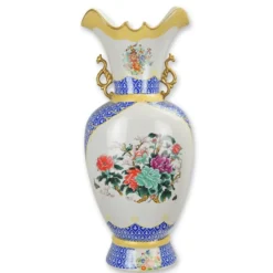 Casa Padrino Luxus Porzellan Bodenvase Orientalischer Stil Weiß / Blau / Gold 26 x 19,2 x H. 60,3 cm - Große Blumenvase - Barock Deko