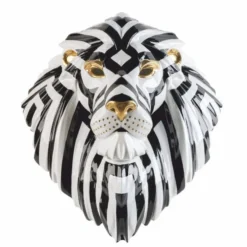 Casa Padrino Luxus Porzellan Deko Maske Löwe Weiß / Schwarz / Gold 38 x 30 x H. 60 cm