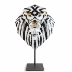 Casa Padrino Luxus Porzellan Deko Maske Löwe Weiß / Schwarz / Gold 38 x 30 x H. 60 cm