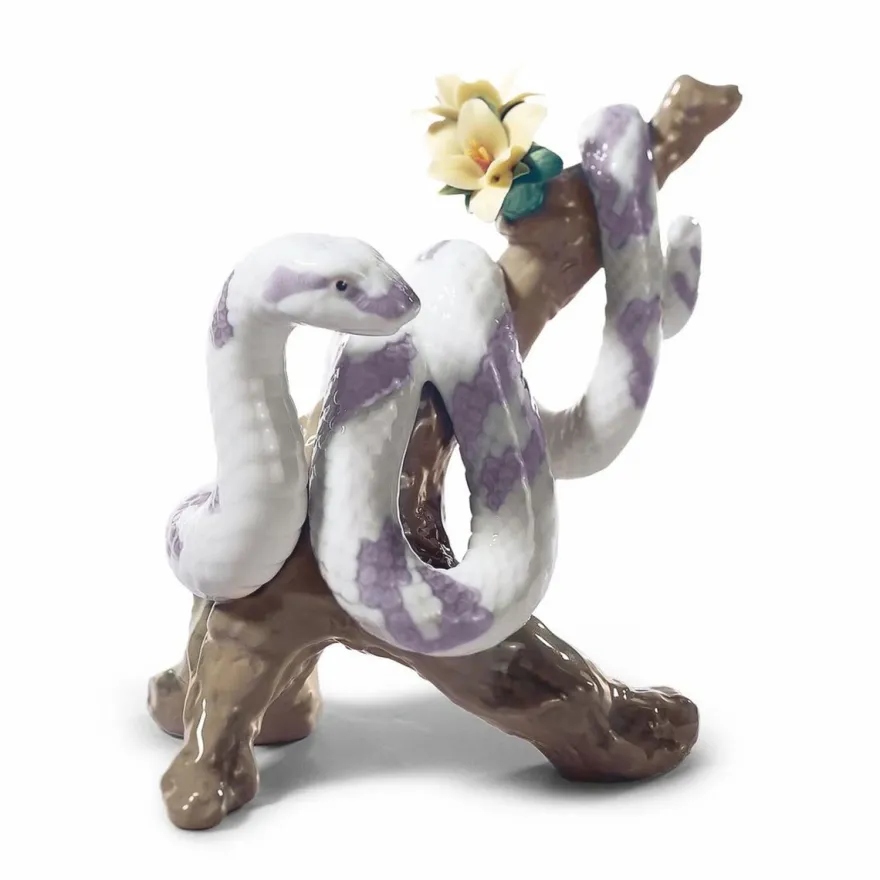Casa Padrino Luxus Porzellan Deko Figur Schlange auf Ast Bunt / Braun 18 x 14 x H. 19 cm