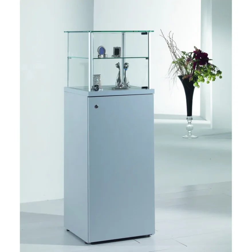 Casa Padrino Luxus Präsentationsvitrine 45 x 45 cm H. 135 cm mit Holzsockel und Tür mit Holzsockel - Ladeneinrichtung - Boutique Möbel - Made in Italy